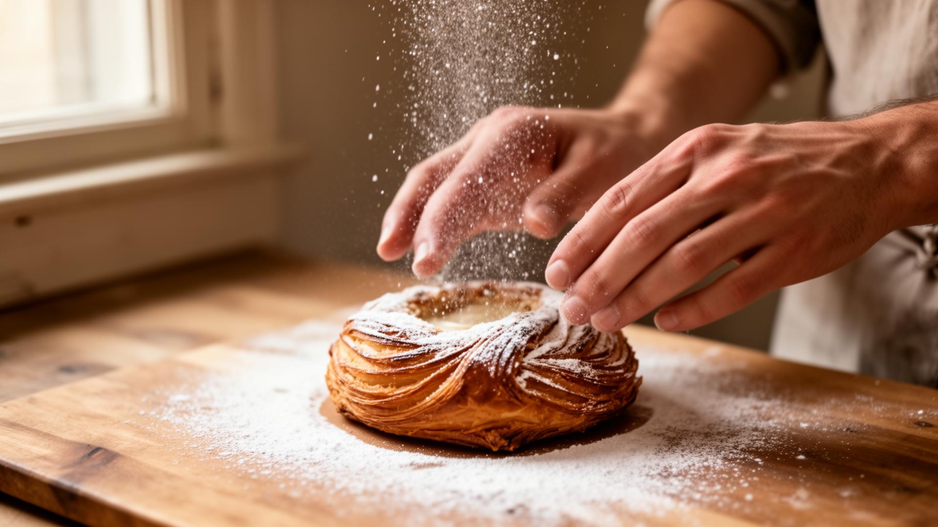 Powdered sugar over a fresh pastry